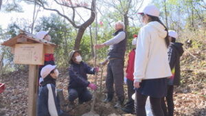 上田市立浦里小学校６年生 卒業記念に地域の人たちと植樹　上田市浦野馬脊神社