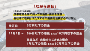 １１月１日から　自転車「ながら運転」罰則強化　酒気帯びも罰則対象に