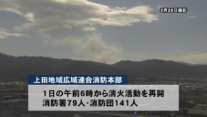 上田市武石　林野火災　火の勢い収まらず延焼続く