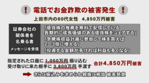 電話でお金詐欺　上田市の６０代女性　４，８５０万円の被害