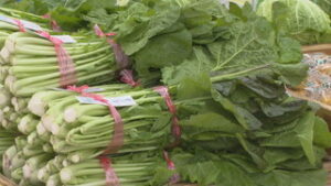 新鮮市真田直売所 真田町産の野沢菜並ぶ 上田市長